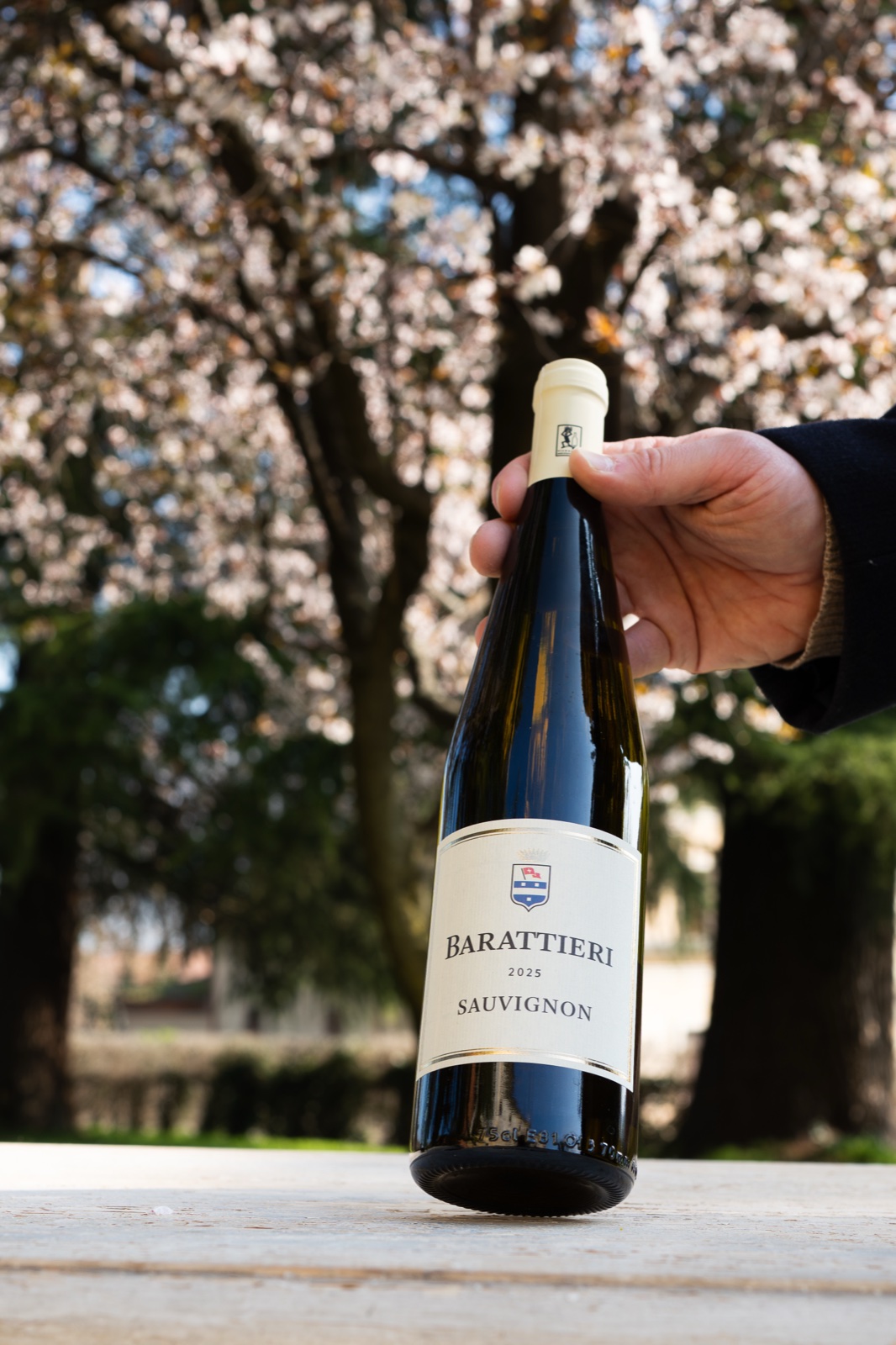 Bottiglia di Sauvignon Colli Piacentini DOC Barattieri all'aperto, fra gli alberi in fiore